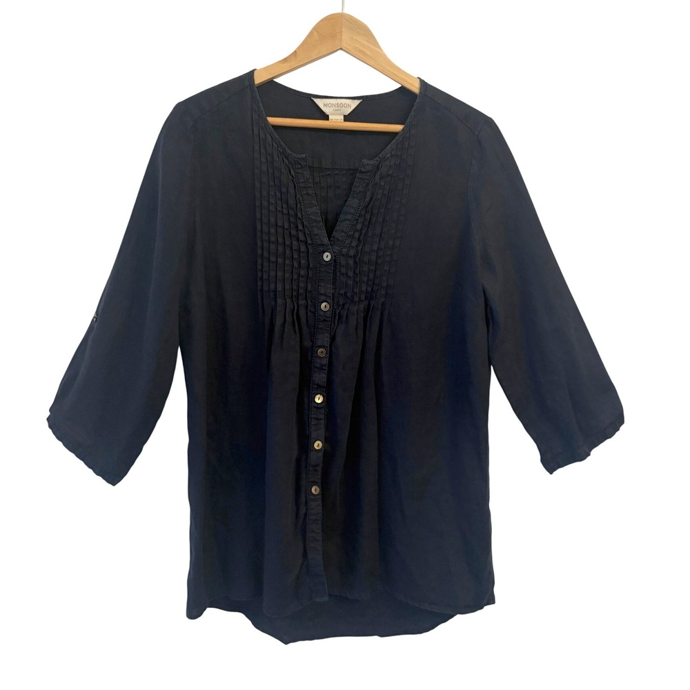 Monsoon Linen Button Tunic Top 6 Pintuck Roll Tab Sleeve Coastal‎ Nautical Beach